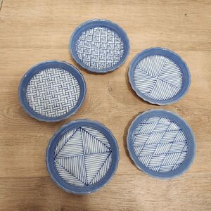 Japanese Porcelain Tachikichi Confectionery 5 Plate Set Blue Geometric New Vtg
